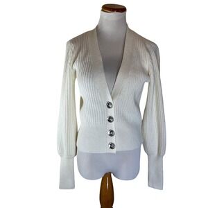 Stella + Lorenzo Cream Ribbed Button Front Cardigan Cream Crystal Buttons XS